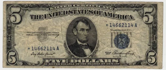 1953 $5 Five Dollar Silver Certificate STAR Note Grading VG Priced Right
