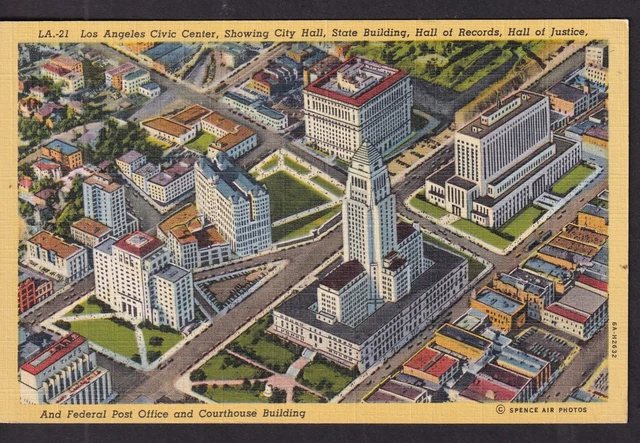 Picture Post Card: Aerial View Los Angeles, Ca Civic Center. Linen Type. Un-Used