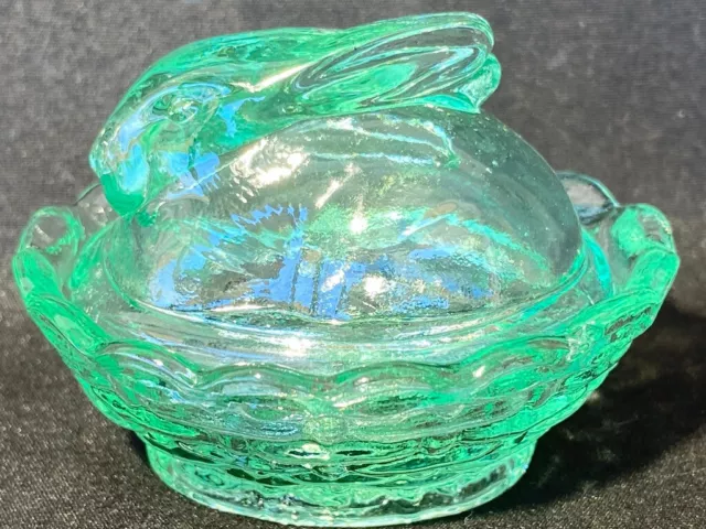 Blue green Vaseline Uranium glass Bunny rabbit on nest basket / Easter egg salt