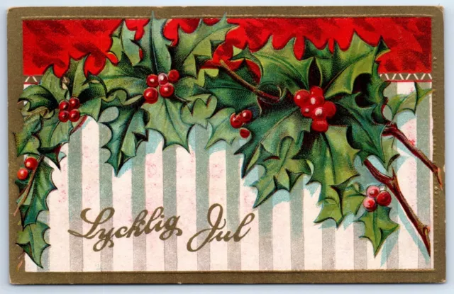 Vintage Swedish Merry Christmas Lycklig Jul Embossed Postcard Unposted B084