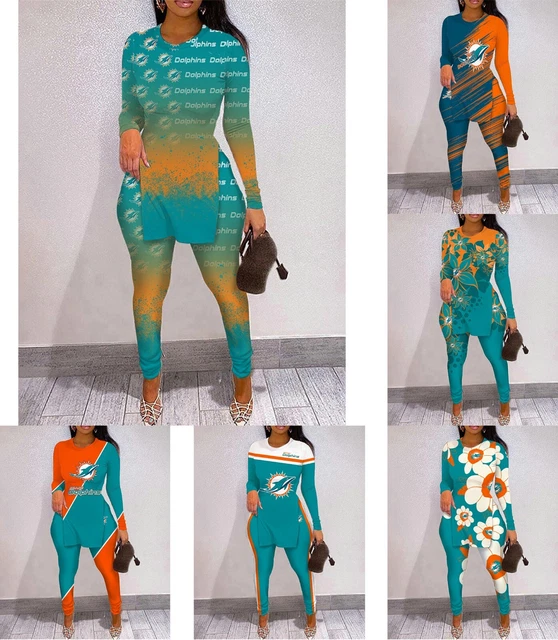 Miami Dolphins 2 Pieces Yoga Outfits High Slit Baggy Shirt Butt Lifting Leggings