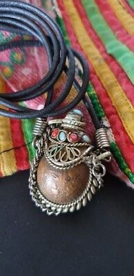 Old Tibetan Coin and Silver Henna / Snuff Container Necklace, Coral & Turquoise.