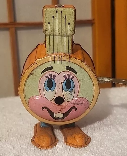 Vintage 1960s Marx Tin Wind-Up Tun-E-Kins Hopping Bittie Banjo Works Toy *NR*