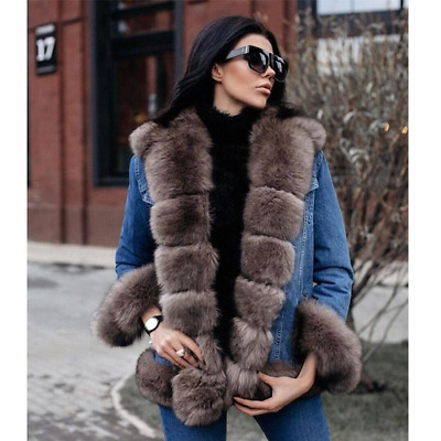 Denim Parka Real  Fur  Coat Winter Jacket Women Real Natural Fox Fur Coat Thick