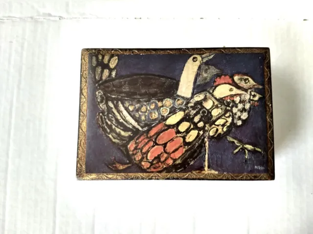 Caja de baratijas con bisagras de colección pintada almacenamiento de joyas pollo impresión artística pájaros madera