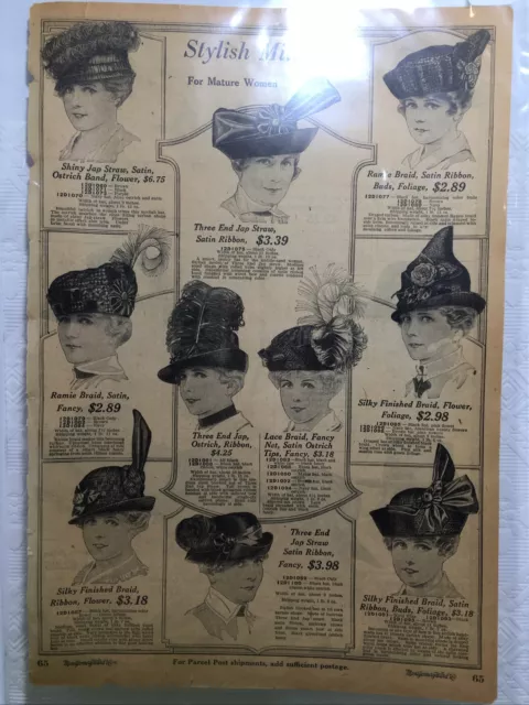 1918 Antique Montgomery Ward Catalog Page Millinery Hats Stylish For Mature Lady