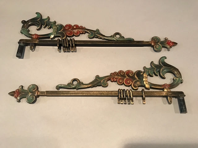 Antique Vintage Deco Cast Iron & Metal Leaf lSwing Arm Adjustable Curtain Rods