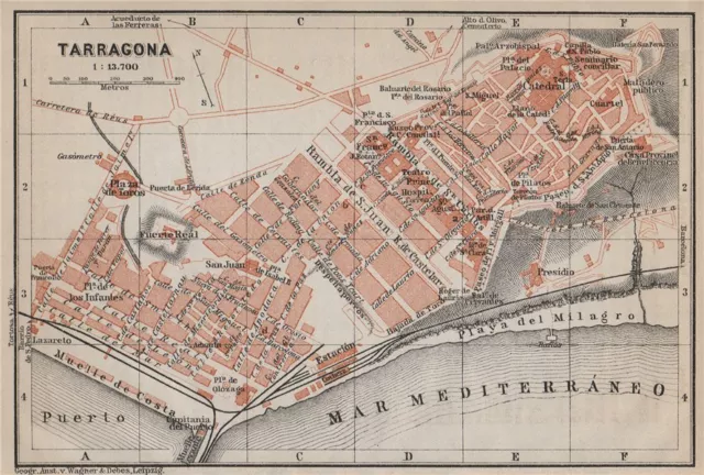 TARRAGONA antique town city ciudad plan. Spain España mapa. BAEDEKER 1913