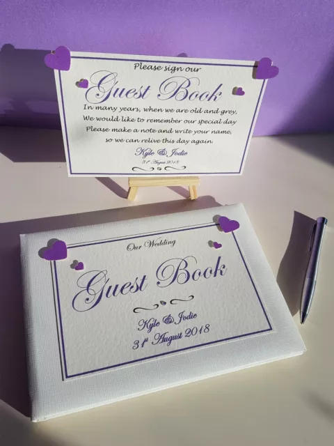 Personalised Wedding pack Guest book & FREE sign & Easel card many heart colours