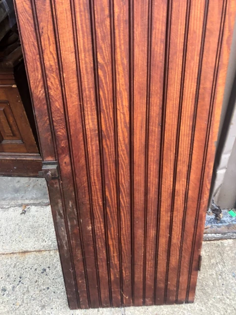 c1890 heart pine bead board pantry cabinet door 53” x 18” old varnish batten 3