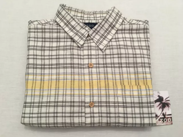 IZOD Boys Yellow/Black/White Plaid Collared Button-Up S/S Cotton Blend Shirt, XL