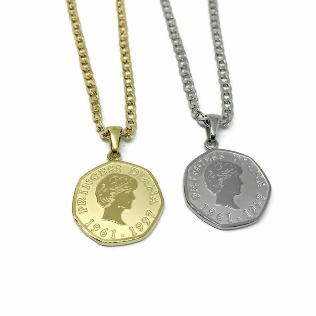 Princess Diana 50 Pence Necklace l Stainless Steel Gold Silver Wholesale Joblot 3