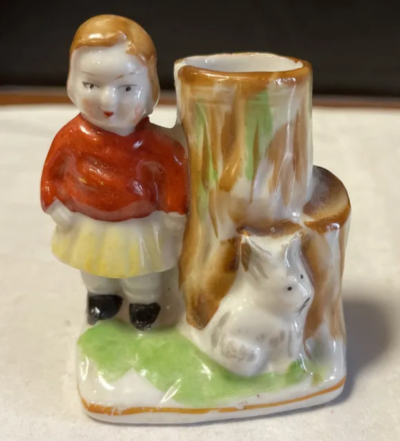 Toothpick Holder Girl Puppy and Tree Stump Occupied Japan