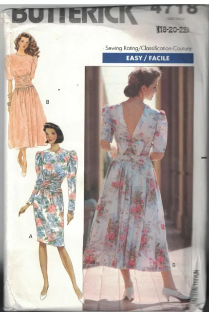 4718 UNCUT Butterick Sewing Pattern Misses Very Loose Fitting Bodice Dress Easy