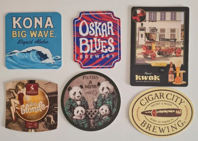 6x Alfombrillas de cerveza: Pauwel Kwak, Big Wave, Panda, Cigar City, Oscar Blues, Dizzy Blond