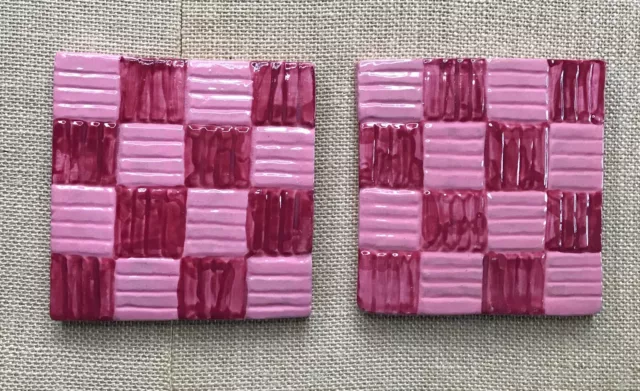 Whimsical Art Pottery Textured Pink Red Checkered Terracotta Tile Trivet Set Whimsical Art Pottery Textured Pink Red Checkered Terracotta Tile Trivet Set