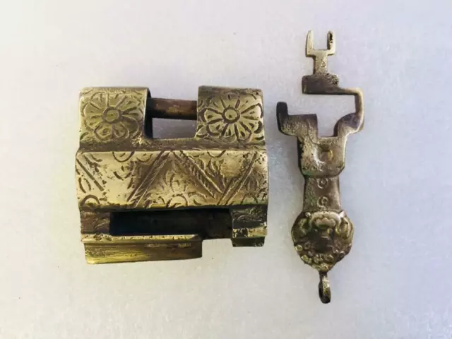 Old Brass Engraved Design Handcrafted Solid Heavy Big Unique Key Tricky Padlock