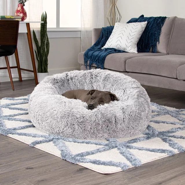 Calming Cuddler Long Fur Donut Bolster Dog Bed Mist Gray Large