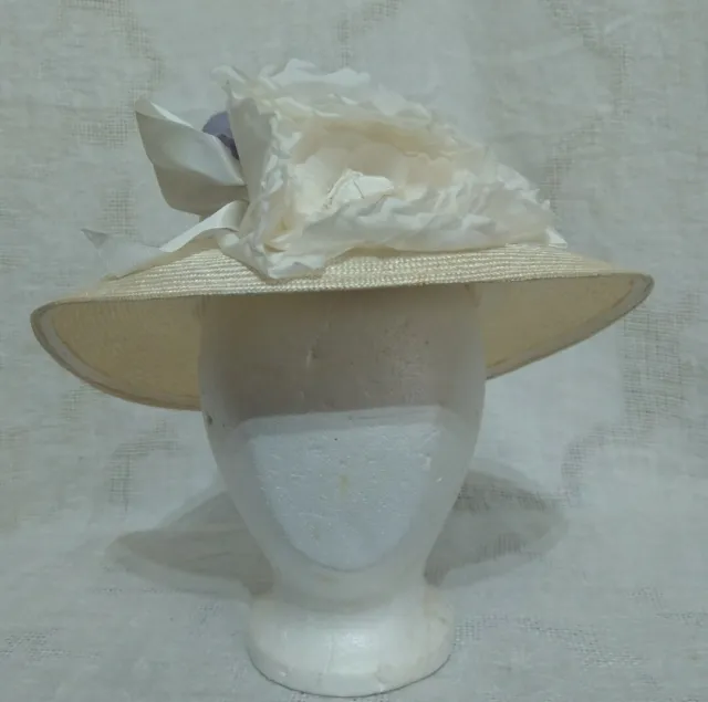Frank Olive for Saks Fifth Avenue White Straw Wide Brim Hat w/Ribbon Flower