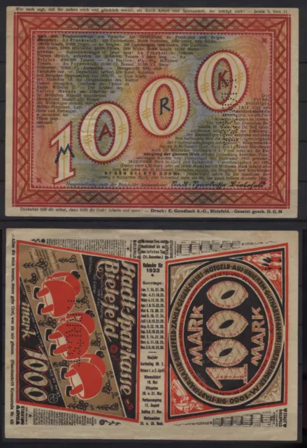 [26226] - Notgeld BIELEFELD, 1000 Mark, Stadt, 21.11.1922, Müller 380.4a (mit Pe