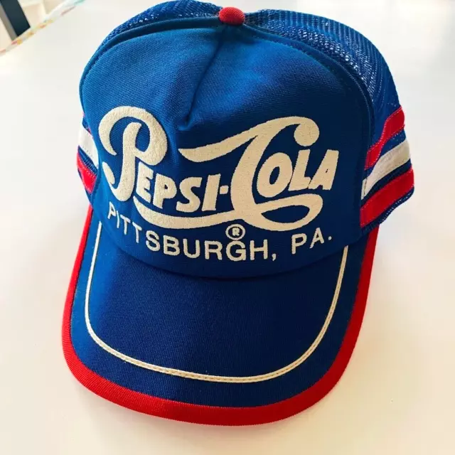 VINTAGE PEPSI-COLA 3 Stripe Red White Blue Snapback Trucker Hat Pittsburgh, PA