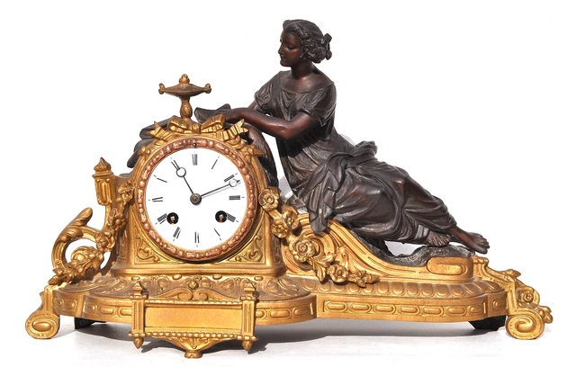 Pendule De Cheminée Borne XIXe En Marbre Et Bronze - Jeune Fille Style Napoléon III - Mécanique à Poids