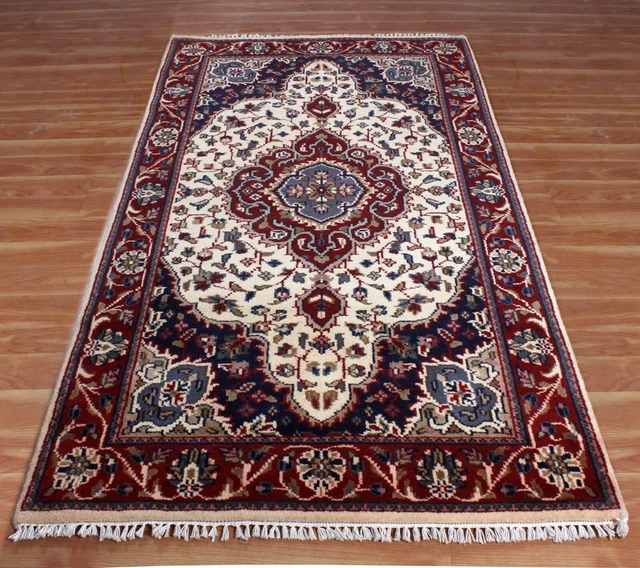 Hand-Knotted Living Room Beige Carpet Turkish Oriental Wool Area Rug 4x6 ft