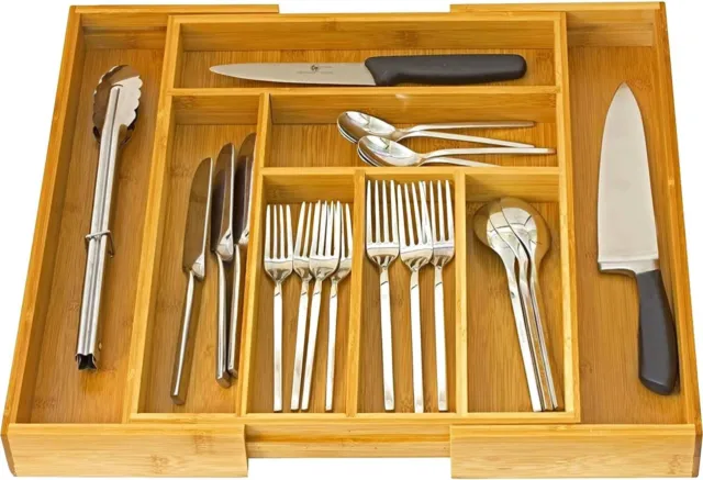 Expandable Cutlery Flatware Drawer Utensil Tray Kitchen Organizer Storage Bamboo