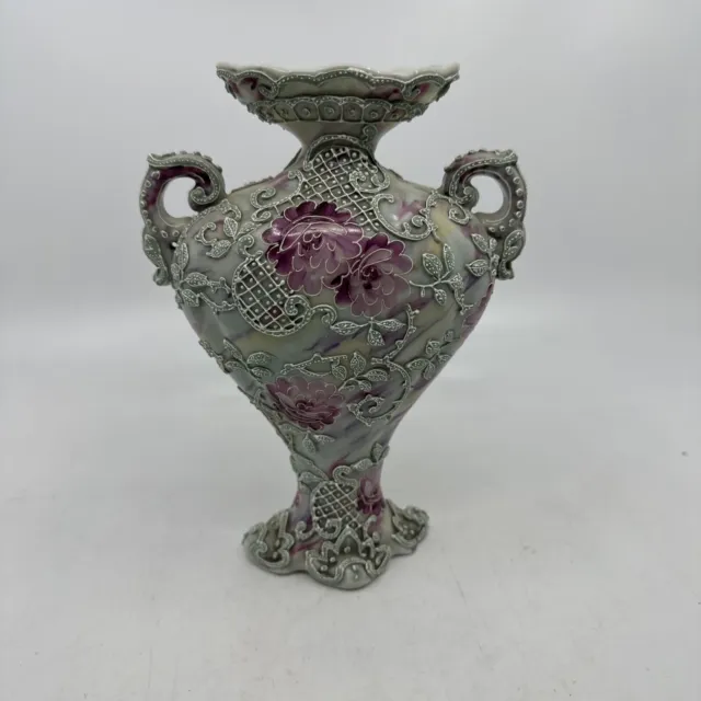 Antique Nippon Heavy Moriage Hand Painted Pink and Blue Double Handled Vase