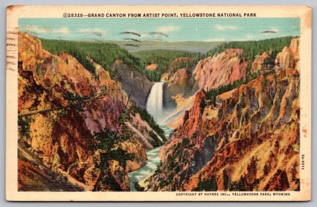 Grand Canyon From Artist Point Yellowstone National Park WY Linen Postcard PM 1c