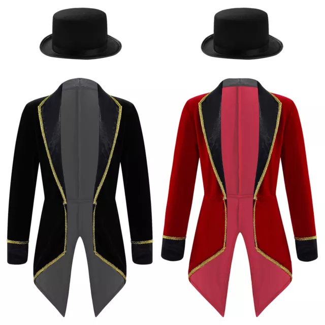 Boys Girls Circus Ringmaster Costume Tailcoat Jacket with Hat Fancy Dress Outfit