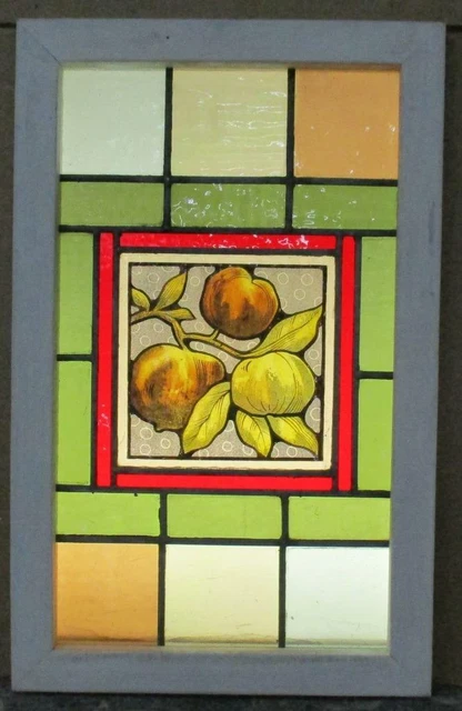 MIDSIZE OLD ENGLISH LEADED STAINED GLASS WINDOW Hand Painted Fruit 14.75"x 23.5"