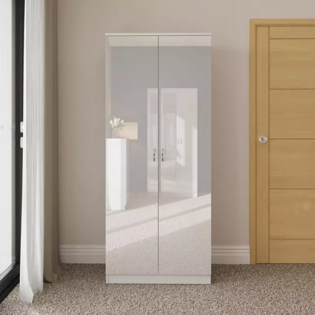 White High Gloss 2 Door Double Wardrobe Bedroom Furniture Wood Style Frame 2