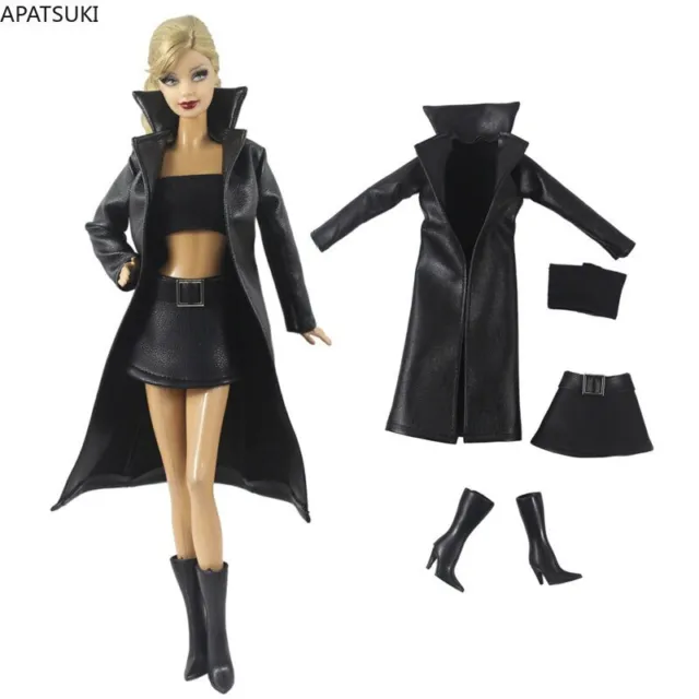 Black Leather Clothes Set For Barbie Doll Outfits Long Jacket Top Skirt Boots