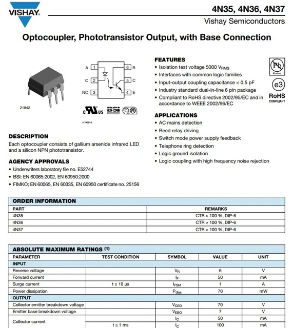 2er-Set 4N35-000E Optokoppler – THT, 1 Kanal, Transistorausgang, 3,55kV Isolierung, 10V Uce, Von BROADCOM