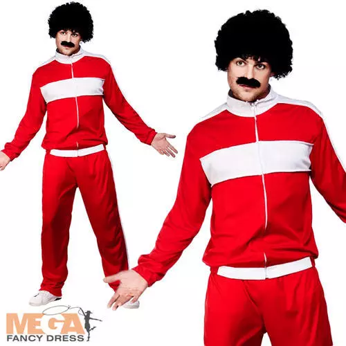 80s Red Scouser Tracksuit Mens Fancy Dress 1980s Retro Shell Suit Adults Costume