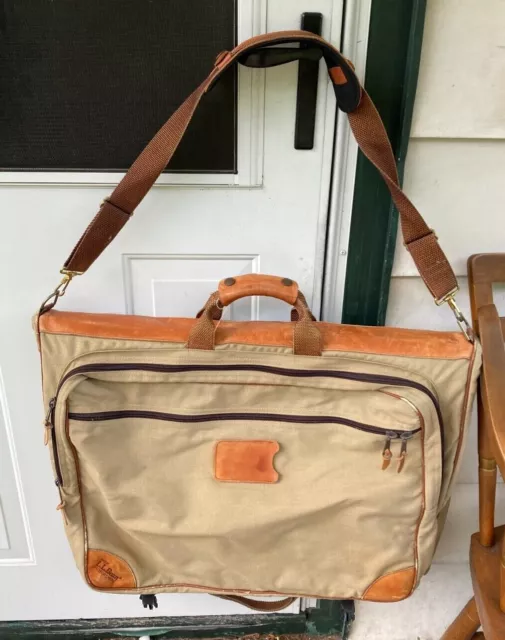 Vintage Ll Bean Heavy Brown Cotton Canvas & Leather Garment Bag