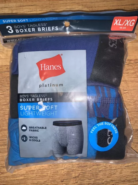 Hanes Kids Boys Platinum Cotton 3-Pack Boxer Brief Underwear Size Extra Large XL