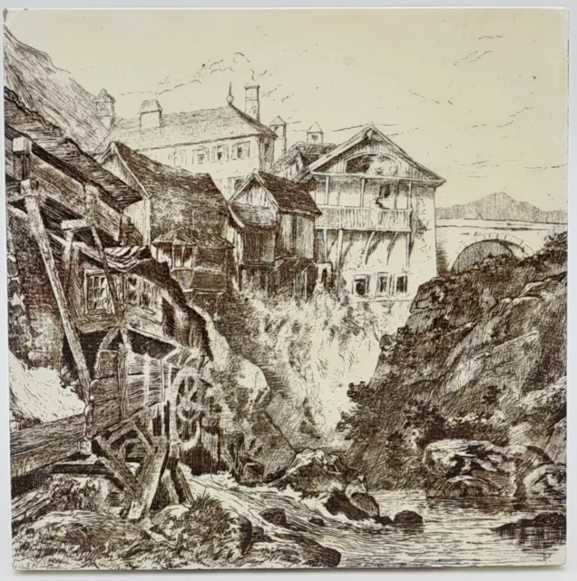 MINTONS VIEWS SERIES TILE-The Alps Village of Splügen,  L.T Swetnam c1885