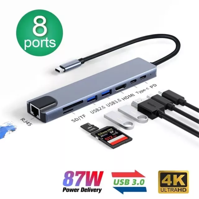 Multi PORT 8 en 1 Type C Adaptateur hub USB 4K vers HDMI MacBook Pro Air Chrome