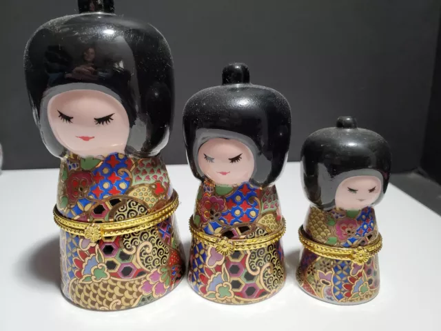3 Vintage Asian Girl Hinged Trinket Box  Porcelain Gold accents 4.5 3.5 2.5" T