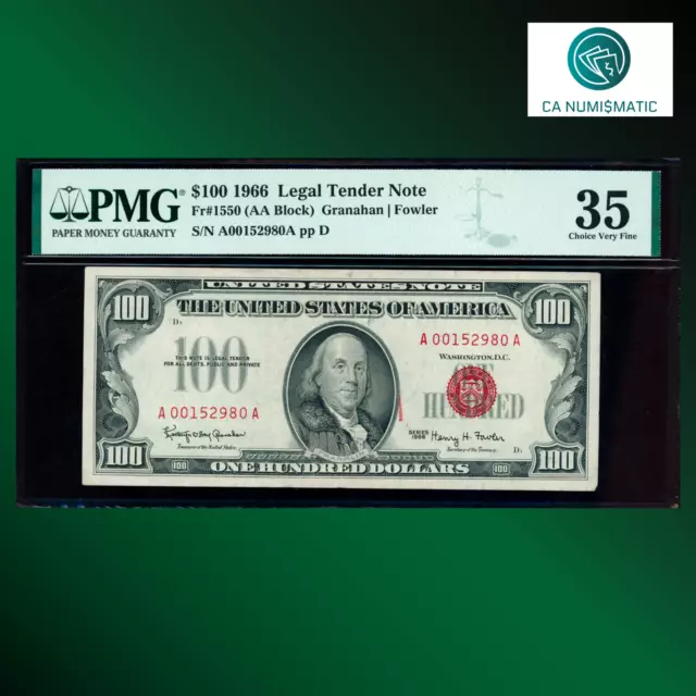 Fr.1550 AA Block 1966 $100 Legal Tender Note Red Seal, PMG 35 Comment, 52980