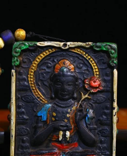 3 " Old Tibet Meteorite inlay Gemstones Kwan-yin Goddess Buddha Amulets 3