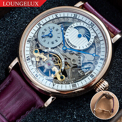 Mens Rose Gold Dual Time Skeleton Automatic Mechanical Watch Purple Leather
