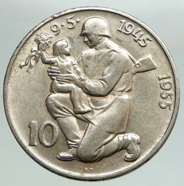 1955 CZECHOSLOVAKIA  Soldier & Family LIBERATION Old Silver 10 Korun Coin i92172