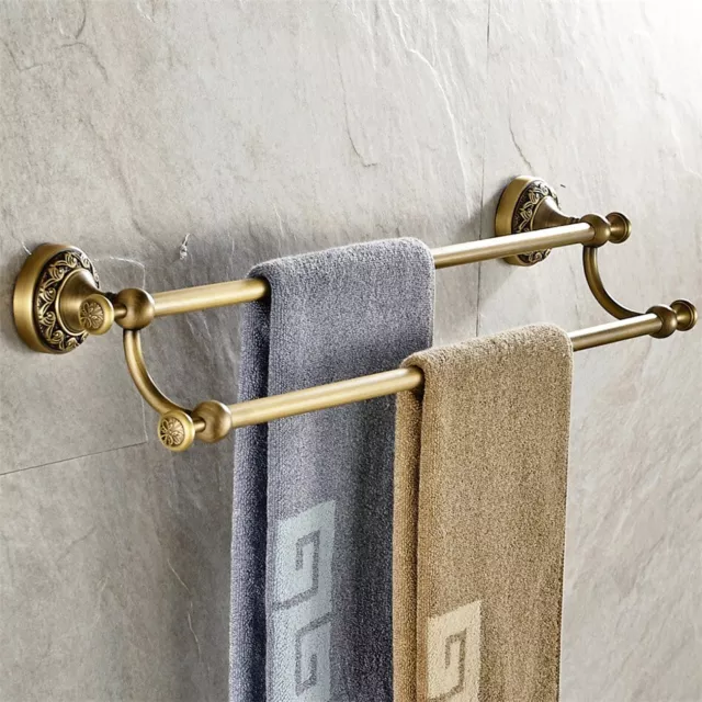 Antique Brass Carved Wall Mounted Bathroom Double Towel Bar Rack Holder