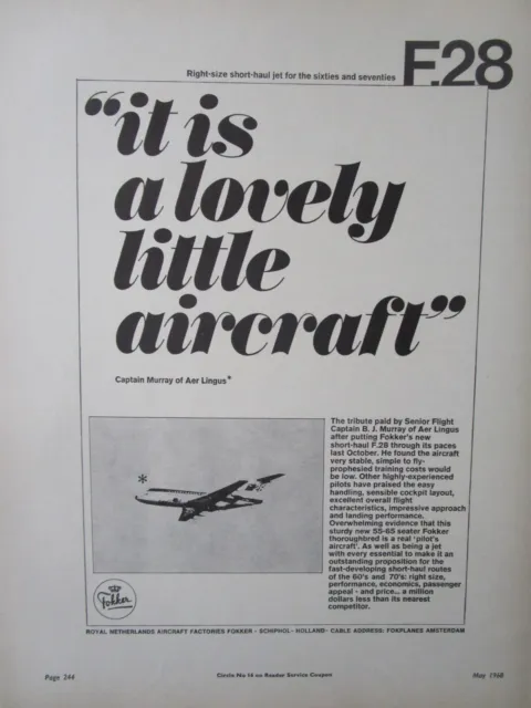 5/1968 Pub Fokker F28 Fellowship Aer Lingus Captain B.j. Murray Original Ad