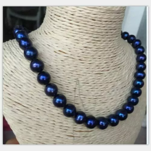 stunning AAA+ 10-11mm black  blue Tahitian Round pearl necklace 18" 14K CLASP