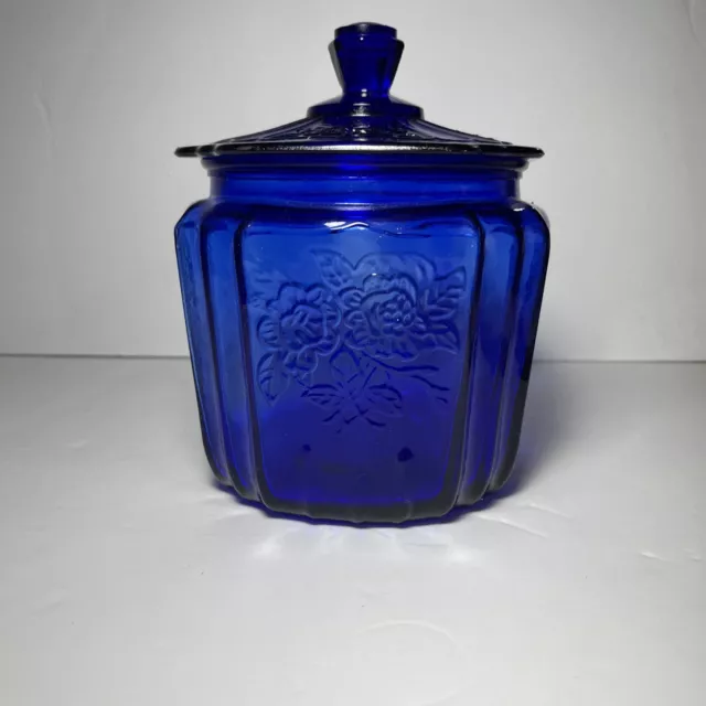 Vintage Anchor Hocking Mayfair Open Rose Cobalt Blue Cookie Jar Depression Glass