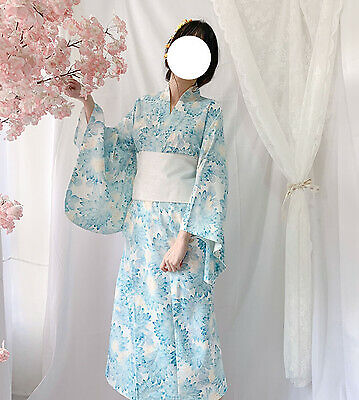 Blue Sun Flower Japanese Kimono Yukata Retro Female Kimono Whole Set Bow New